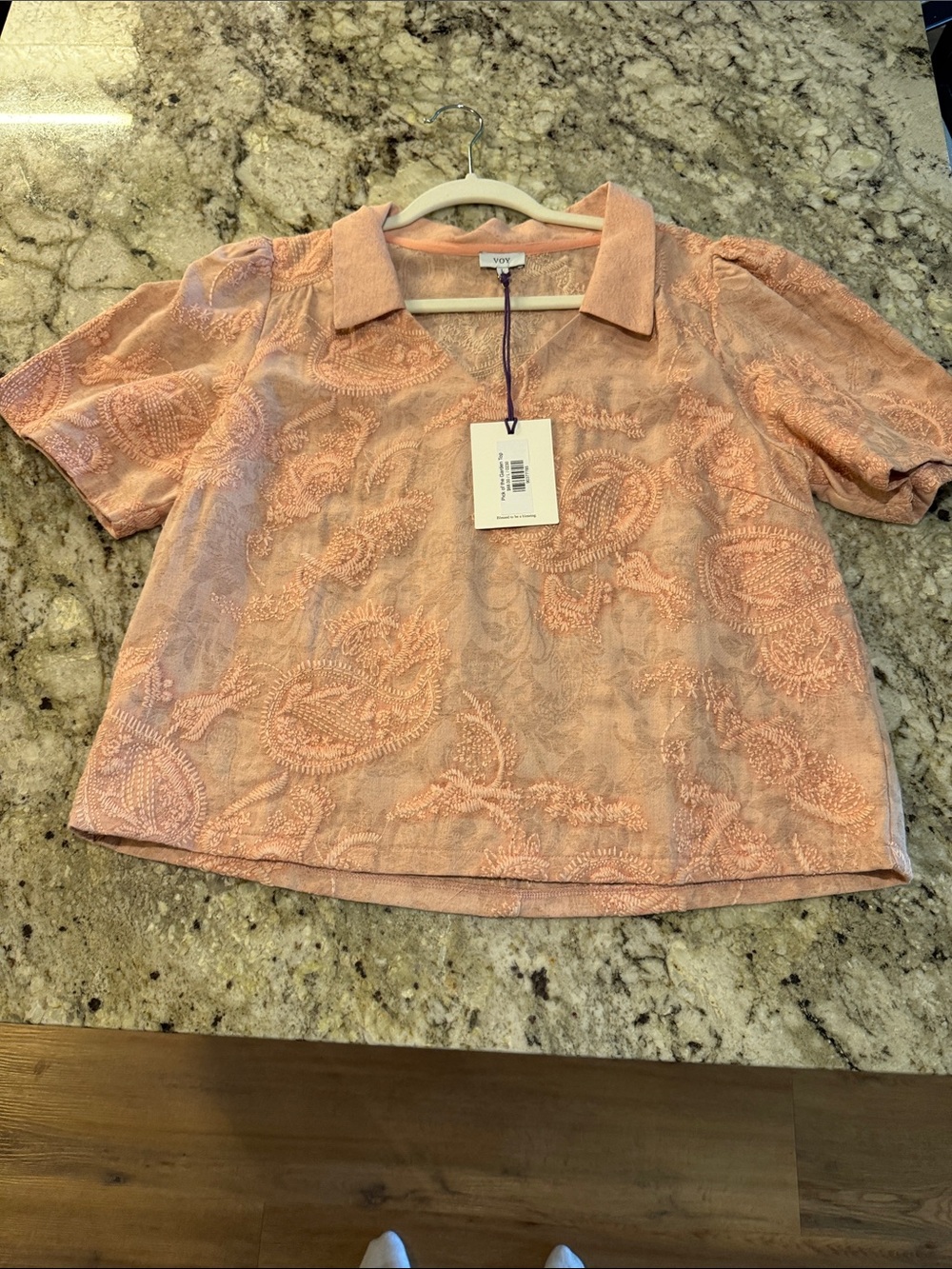 Voy Pink Embroidered Collared Short Sleeve Top